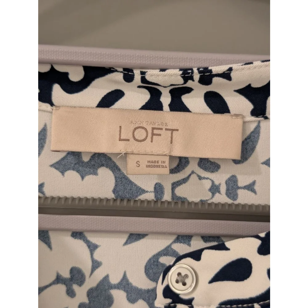 Women's LOFT Blue & White Patterned Long Sleeve Dress S - Picture 3 of 8